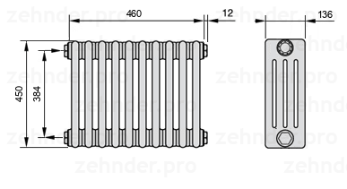 Схема (чертеж) Радиатор Zehnder Charleston 4045/10 №1270 Белый глянцевый RAL 9016